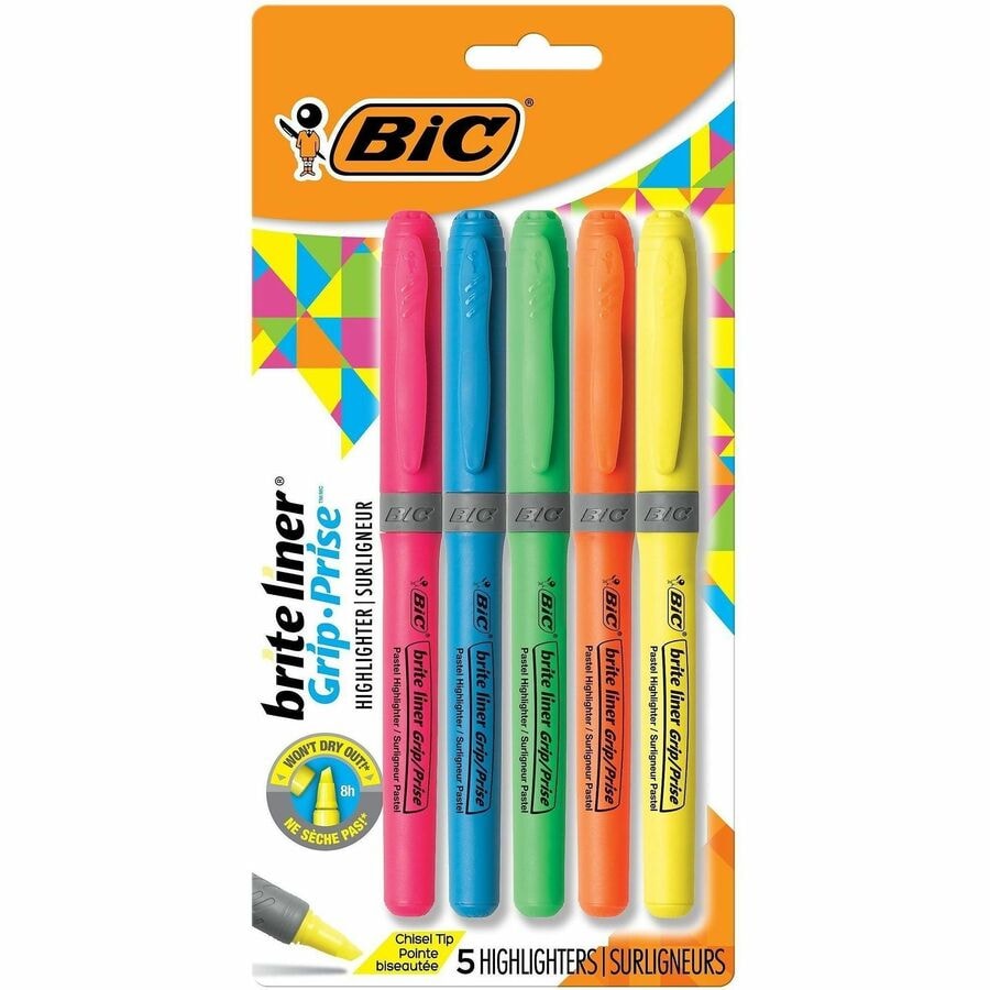 BIC Brite Liner Grip Highlighters, Chisel Tip, Assorted Colors, 5-Count Pack