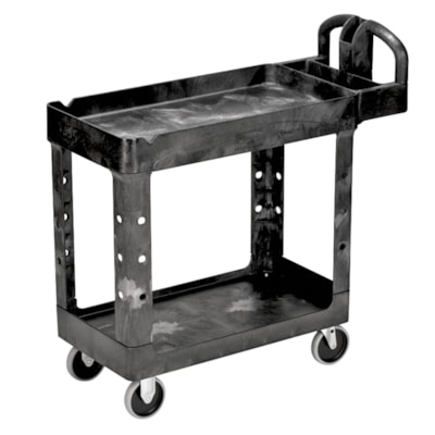 Rubbermaid Commercial Heavy-Duty 2-Shelf Ergo Handle Utility Cart, Black, Lipped-Shelf, Small Size, 500 lb. Capacity WITH LIPPED SHELF SMALL