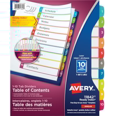 Intercalaires à onglets multicolores avec table des matières personnalisable Ready Index Avery ONGLETS NUMÉROTÉS 1-10  TABLE DES MATIÈRES  MULTICOLORES