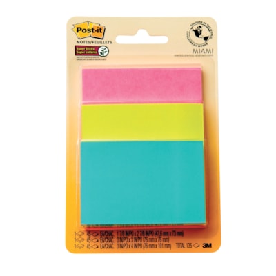 Feuillets super collants Post-it, collection Miami, non lignés, formats variés, blocs de 45 feuillets, emb. de 3  3"X3"  3PACK 