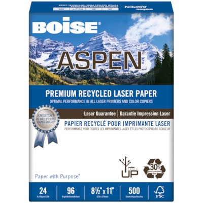 Papier 30 % recyclé haut de gamme pour imprimante laser Aspen Boise, Blanc, Certifié FSC, Poids : 24 lb, Caisse 8.5X11 