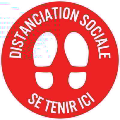 Sterling Social Distancing Circular Carpet Decal, French, Distanciation Sociale - Setenir Ici, White on Red, 12" QTY1-9 