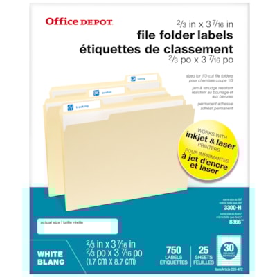 Office Depot® Permanent Inkjet/Laser File Folder Labels, White, 2/3" x 3-7/16", Sheet of 30 Labels, Pack of 25 Sheets  