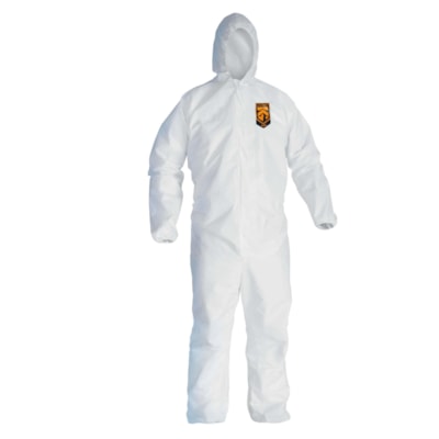 Combinaison de protection contre les liquides et les particules KleenGuard A45 à porter pour préparer et peindre des surfaces, capuchon, conception Reflex, fermeture éclair à l'avant, blanche, TG, carton de 25  