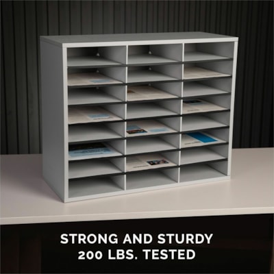 Fellowes 24-Compartment Sorter Literature Organizer - 24 Compartment(s) - Compartment Size : 2.50" (63.50 mm) x 9" (228.60 mm) x 11.63" (295.27 mm) - 23.4" (595.38 mm) Height x 29" (736.60 mm) Width x 11.9" (301.75 mm) Depth - Corrugated - Melamine - Dove Gray - Fiberboard, Wood - 1 Each DOVE GREY 29WX11-7/8DX23-7/16H SELF ADHESIVE LABELS INCLUDED