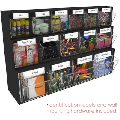 Deflecto Tilt Bin Interlocking Multi-Bin Storage Organizer - 5 Compartment(s) - 6.5" (165.10 mm) Height x 23.6" (600.08 mm) Width x 5.3" (133.35 mm) Depth - Interlockable - Black - Plastic - 1 Each BLACK WITH 5 CLEAR REMOVABLE BINS  MODULAR