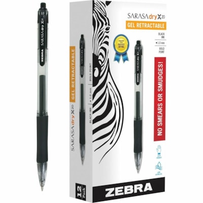 Zebra SARASA dry X20 Retractable Gel Pen - 1 mm (0.04") Bold Pen Point - Refillable - Retractable - Black Ink - Transparent Barrel - 1 Dozen BLACK  BOLD 1.0MM ACID-FREE  ARCHIVAL