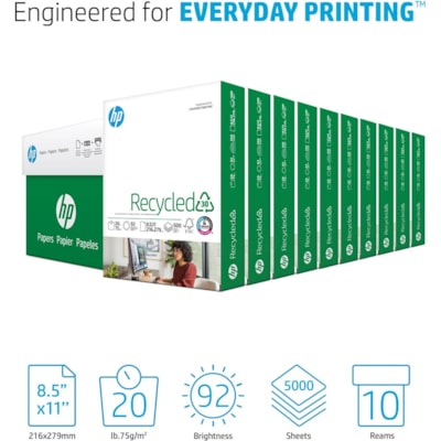 HP Papers Recycled30 Paper - White - 92 Brightness - Letter - 8 1/2" (215.90 mm) x 11" (279.40 mm) - 20 lb (9071.85 g) Basis Weight - Quick Drying, Smear Resistant - White - 500 Sheets per Ream - 10 / Carton 20LB 8.5X11 PKG/500 RECYCLED W/30% PCW