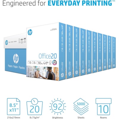 HP - Papier Office20 - Blanc - 92 Luminosité - format lettre - 8 1/2 po (215,90 mm) x 11 po (279,40 mm) - 20 lb (9071,85 g) Poids de Base - Resistance Aux Eclaboussures, Séchage rapide, Sans acide - Blanc - 500 Feuilles per rame - 10 / Carton 500 FEUIL/EMB  FAIT POUR PRÉVENIR LE BOURRAGE