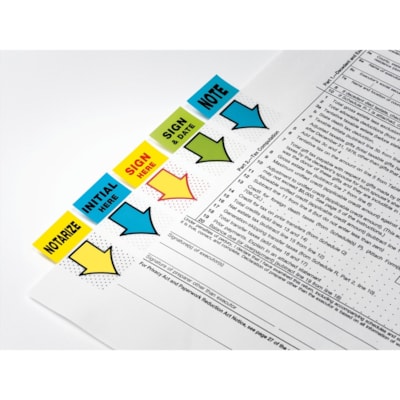 languette Post-it® - largeur de drapeau/note 1 po (25,40 mm) x longueur de drapeau/note 1 3/4 po (44,45 mm) - Flèche, Rectangulaires - Non ligné - Signature et date - Vert - Amovible, Autocollant - Distribluteur inclus - 100 / emballage BRIGHT GREEN 'SIGN & DATE' 
