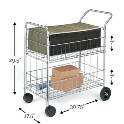 Fellowes Wire Mail Cart - 200 lb (90718.47 g) Capacity - 4 Casters - 6" (152.40 mm), 4" (101.60 mm) Caster Size - Steel - 21.5" (546.10 mm) Width x 37.5" (952.50 mm) Depth x 39.5" (1003.30 mm) Height - Chrome - 1 Each HOLDS LETTER OR LEGAL FILES 18WX38 1/5"DX39-1/4H