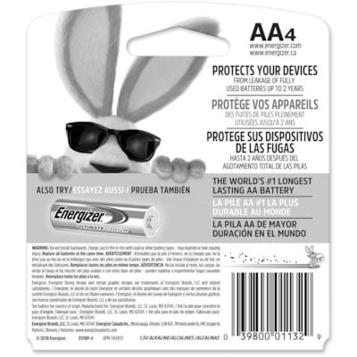 Energizer Max Alkaline AA Batteries - For Multipurpose, Digital Camera, Toy - AA - 1150 mAh - 1.5 V DC - 4 / Pack LONG LIFE ALKALINE 100% MERCURY FREE 1.5 VOLTS