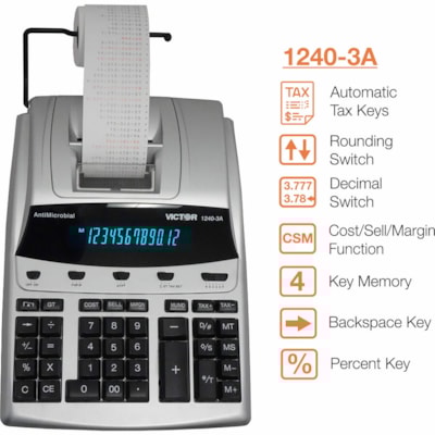 Victor 12403A Professional Calculator - Dual Color Print - Dot Matrix - 4.3 lps - Big Display, Independent Memory - 12 Digits - Fluorescent - AC Supply/Power Adapter Powered - 3.3" (82.55 mm) Height x 9" (228.60 mm) Width x 12.8" (323.85 mm) Length - White - 1 Each ANTIMICROBIAL KEYS/UPPER SHELL 