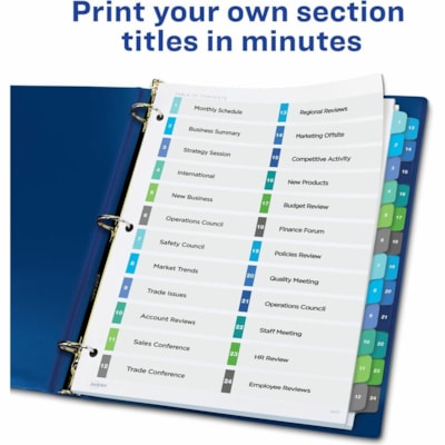 Avery® Ready Index® Double Column Table of Content Dividers, 24 tabs - 24 x Divider(s) - 1-24 - 24 Tab(s)/Set - 8.50" (215.90 mm) Divider Width x 11" (279.40 mm) Divider Length - 3 Hole Punched - White Paper Divider - Multicolor Paper Tab(s) - 20% Recycled - 24 / Set DIVIDERS  MULTI-COLOURED 24TAB 1 SET/PKG 30% PCW