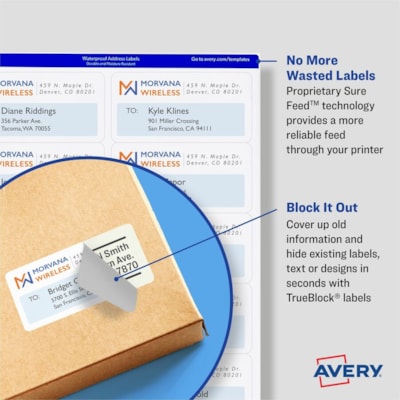 Avery® White Rectangle Labels with Sure Feed(tm) TechnologyTrueBlock® 3-1/2" x 5" , for Laser and Inkjet Printers - 3 1/2" (88.90 mm) Height x 5" (127 mm) Width - Permanent Adhesive - Rectangle - Laser - Matte - White - Paper - Permanent Adhesive, Jam Resistant, Curl Resistant, Smudge Res 5X3-1/2 4/SHT 400/BOX 