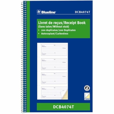 Blueline Receipt Book - 200 Sheet(s) - Spiral Bound - 2 Part - Carbonless Copy - 6 5/8" (16.8 cm) x 10 5/8" (27 cm) Sheet Size - Blue Cover - 1 Each 200 CARBONLESS DUPLICATES 4 PER PAGE  BILINGUAL