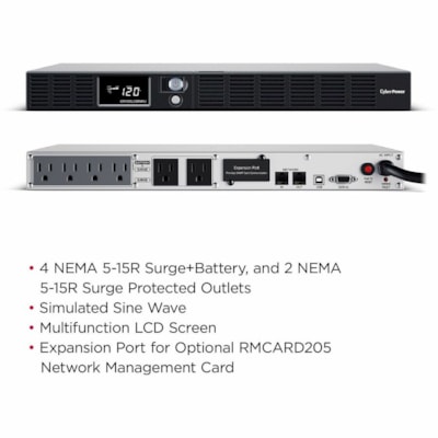 CyberPower OR1500LCDRM1U Smart App LCD UPS Systems - 120 VAC, NEMA 5-15P, 1U, Rackmount, 6 Outlets, LCD, PowerPanel® Business, $300000 CEG, 3YR Warranty 6 NEMA 5-15R 10 FT 