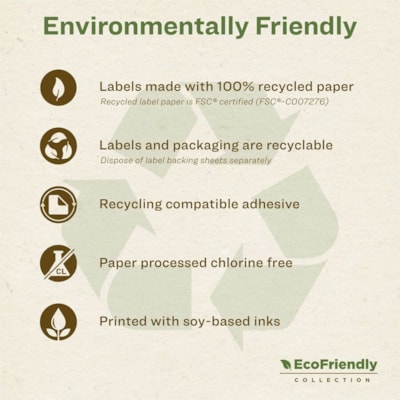 Avery® Eco-Friendly Address Labelsfor Laser and Inkjet Printers, 1" x 2-5/8" - 1" (25.40 mm) Width x 2 5/8" (66.68 mm) Length - Permanent Adhesive - Rectangle - Laser, Inkjet - Matte - White - Paper - Recyclable, PVC-free, Permanent Adhesive, Customizable, Chlorine-free, Water Based, Peel-off -  1X2-5/8  30LBLS/SHT  25SHT/PK 750/PK INKJET & LASER COMPAT.