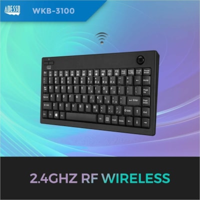 Adesso Wireless Mini Trackball Keyboard - Wireless Connectivity - RF - 30 ft (9144 mm) - 2.40 GHz - USB Interface - 87 Key(s) - Windows Key Hot Key(s) - English (US) - Computer, Monitor, Tablet, Kiosk - Trackball - Windows - Membrane Keyswitch - AA Battery Size Supported - Black  Trackball Keyboard  - Black