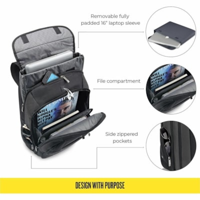 Solo Sterling Carrying Case (Backpack) for 16" (406.40 mm) Notebook - Black - Ballistic Poly, Polyester Body - Checkpoint Friendly - Backpack Strap, Handle - 12.75" (323.85 mm) Height x 17.50" (444.50 mm) Width x 5" (127 mm) Depth - 1 Each ptop sleeve Checkpoint friendl y sleeve design allo