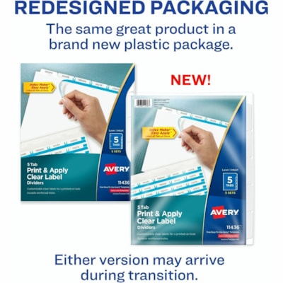 Avery® Print & Apply Clear Label Dividers, Index Maker(R) Easy Apply(TM) Printable Label Strip, 5 White Tabs, 5 Sets (11436) - 25 x Divider(s) - Print-on Tab(s) - 5 - 5 Tab(s)/Set - 8.50" (215.90 mm) Divider Width x 11" (279.40 mm) Divider Length - 3 Hole Punched - White Paper Divider - White Pa LASER AVERY 3 CLEAR LABEL SHEETS REINFORCED  20% PCW