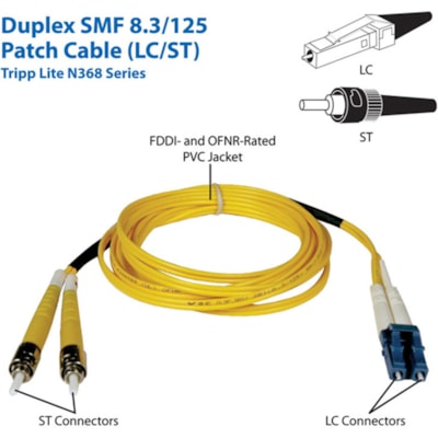Tripp Lite series Fiber Optic Duplex Patch Cable - 10 ft (3.05 m) Fiber Optic Network Cable for Network Device - First End: 2 x LC Network - Male - Second End: 2 x ST Network - Male - Patch Cable - OFNR - 9/125 µm - Yellow c - Male Left Gender - Male Ri ght Gender - LC Righ