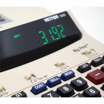 Victor 1310 Printing Calculator - Thermal - Black Print - 9 lps - Date, Clock, Independent Memory - 12 Digits - LED - AC Supply Powered - 7.5" (190.50 mm) Height x 2.2" (55.88 mm) Width x 9.5" (241.30 mm) Length - White - 1 Each BIG PRINT 