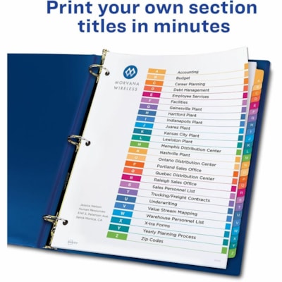 Avery® Ready Index® Table of Contents Dividers for Laser and Inkjet Printers, A-Z - 1 x Divider(s) - 26 Printed Tab(s) - Alphabet - A-Z - 26 Tab(s)/Set - 8.50" (215.90 mm) Divider Width x 11" (279.40 mm) Divider Length - Letter - 8.50" (215.90 mm) Width x 11" (279.40 mm) Length - 3 Hole Punc LASER/INK JET  MULTI-COLOUR A-Z  1 SET/PKG