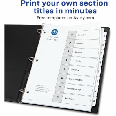 Avery® Ready Index® Table of Content Dividersfor Laser and Inkjet Printers, 8 tabs - 8 x Divider(s) - 8 Printed Tab(s) - Digit - 1-8 - 8 Tab(s)/Set - 8.50" (215.90 mm) Divider Width x 11" (279.40 mm) Divider Length - Letter - 8.50" (215.90 mm) Width x 11" (279.40 mm) Length - 3 Hole Punched  LASER/INK JET  BLACK & WHITE 8 TABS  1 SET/PKG