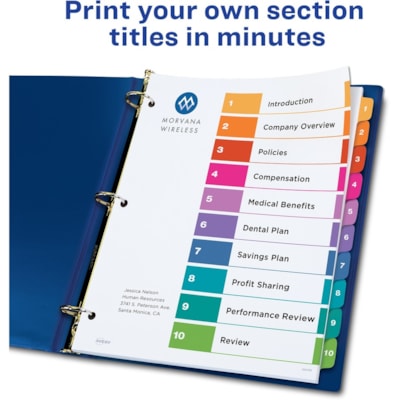 Avery® Ready Index(R) 10-Tab Binder Dividers, Customizable Table of Contents, Multicolor Tabs, 24 Sets (11169) - 240 x Divider(s) - 1-10 - 10 Tab(s)/Set - 8.50" (215.90 mm) Divider Width x 11" (279.40 mm) Divider Length - 3 Hole Punched - White Paper Divider - Multicolor Paper Tab(s) - 20% Recyc 25 UNCOLLATED SETS OF 10 TABS 20% PCW