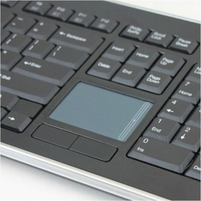 Adesso Wireless Desktop Touchpad Keyboard - Wireless Connectivity - RF - 30 ft (9144 mm) - 2.40 GHz - USB Interface - 104 Key(s) - On/Off Switch Hot Key(s) - English (US) - QWERTY Layout - Desktop Computer - TouchPad - Membrane Keyswitch - AAA Battery Size Supported - Black top Touchpad Keyboard ard (glazing black c
