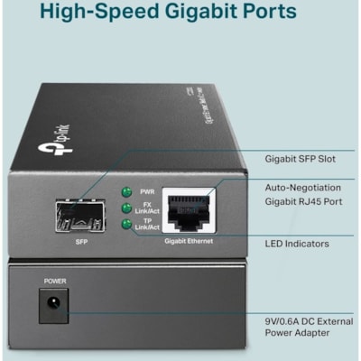 TP-Link MC220L Gigabit Ethernet Media Converter - 1 x Network (RJ-45) - Gigabit Ethernet - 1000Base-T - 1 x Expansion Slots - SFP - 1 x SFP Slots - Power Adapter - External  