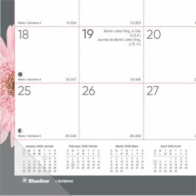Blueline 2026 Pink Ribbon 12-Month Monthly Desk Pad/Calendar - January to December - 22" x 17" - Pink Daisy - Bilingual - Monthly, Yearly - 12 Month - January 2026 to December 2026 - 1 Month Single Page Layout - 22" (558.80 mm) x 17" (431.80 mm) Sheet Size - 2 x Holes - Desk Pad - Pink Daisy - Chipb  