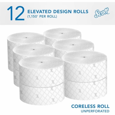 Scott Coreless High-Capacity Jumbo Roll Toilet Paper with Elevated Design - 2 Ply - 3.78" (96.01 mm) Width x 1150 ft (350.52 m) Length - White - Fiber - 12 / Carton BATH TISSUE ROLL 3-7/10"X1150' WHITE CASE OF 12 ROLLS
