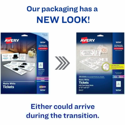 Avery® Event Tickets with Tear-Away Stubsfor Laser and Inkjet Printers, 1-3/4" x 5-1/2" - 1 3/4" (44.45 mm) Width x 5 1/2" (139.70 mm) Length - Laser, Inkjet - Matte - Matte White - Recyclable, Biodegradable, Durable, Customizable - 20 / Sheet - 200 / Pack TEAR-AWAY STUBS 1 " X 5 "