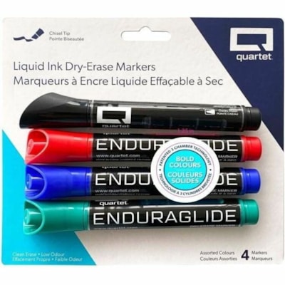 Quartet EnduraGlide Dry-Erase Markers, Chisel Tip, Assorted 4-Pack - Thick Chisel, Thin Marker Point - Red, Black, Green, Blue Ink - Liquid - 4 / Box QUARTET MARKERS 