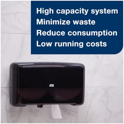 TORK Elevation Bath Tissue Jumbo Roll Mini Twin Dispenser - Roll Dispenser - 10.10" (256.54 mm) Height x 17" (431.80 mm) Width x 5.70" (144.78 mm) Depth - Plastic, Polystyrene - Black - Refillable - 1 / Carton JUMBO TWIN DISPENSER  101/8X17 X511/16  BLACK