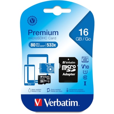 Verbatim 16GB Premium microSDHC Memory Card with Adapter, UHS-I V10 U1 Class 10 - 45 MB/s Read - Lifetime Warranty ADAPTER  CLASS 10 