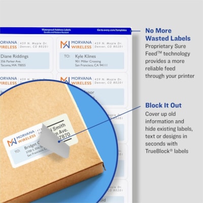Avery® White Rectangle Labels with Sure Feed(tm) TechnologyTrueBlock®, 2" x 4" , for Laser and Inkjet Printers - 2" (50.80 mm) Height x 4" (101.60 mm) Width - Permanent Adhesive - Rectangle - Laser, Inkjet - Matte - White - Paper - Permanent Adhesive, Jam Resistant - 10 / Sheet - 250 Tota 250 SHT/BOX 10 LBL/SHT 2500 LBLS