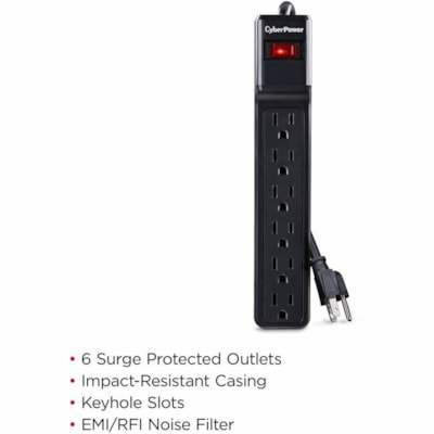 CyberPower CSB6012 Essential 6-Outlets Surge Suppressor with 1200 Joules and 12FT Cord - Plain Brown Boxes - Black - 6 x NEMA 5-15R - 1200 J - 125 V AC Input - 60 kA - 12 ft (3.66 m) - Keyhole/Undermount/Wall Mount ESSENTIAL SERIES CSB6012 