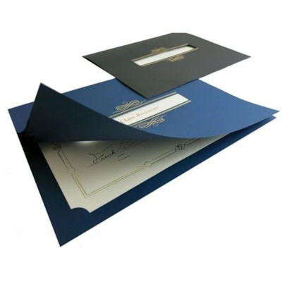 St. James® Letter Recycled Certificate Holder - Linen, Cover Stock - Navy Blue, Gold Foil - 5 / Pack  HOLDER WITH WINDOW  NAVY BLUE 5 PER PACK  FSC CERTIFIED