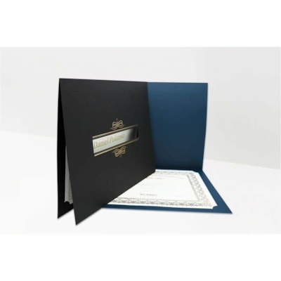 St. James® Letter Recycled Certificate Holder - Linen, Cover Stock - Black, Gold Foil - 5 / Pack  HOLDER WITH WINDOW  BLACK 5 PER PACK  FSC CERTIFIED