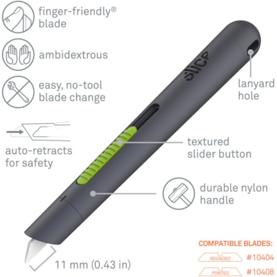 Slice - Coupeur de stylo auto-rétractable, boîte de 12 - hauteur de 0,68 po (17,27 mm) x largeur de 0,68 po (17,27 mm) x longueur de 5,26 po (133,60 mm) - Rétractable, Anti-magnétique, Résistant à la rouille - Céramique - 1 chaque  