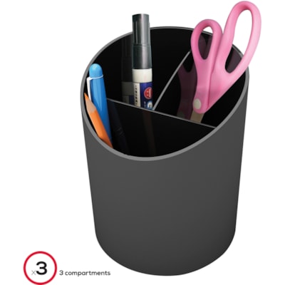 Deflecto Sustainable Office Recycled Large Pencil Cup - 5.63" (142.90 mm) Height x 4.38" (111.13 mm) Width x 4.38" (111.25 mm) Length - Black - 1 Each MADE FROM 30%RECYCLED MATERIAL FULLY RECYCLABLE  BLACK