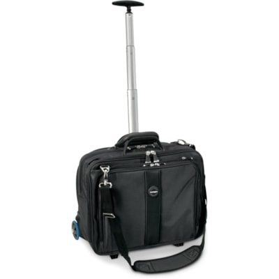 Kensington Contour Carrying Case (Roller) for 17" Notebook - Black, Gray - 1680D Polyester Body - Telescoping Handle, Shoulder Strap - 17.48" (444 mm) Height x 2.99" (76 mm) Width x 9.49" (241 mm) Depth - 1 Pack  wearing 1680 Denier Ballistic  Nylon backpack prot