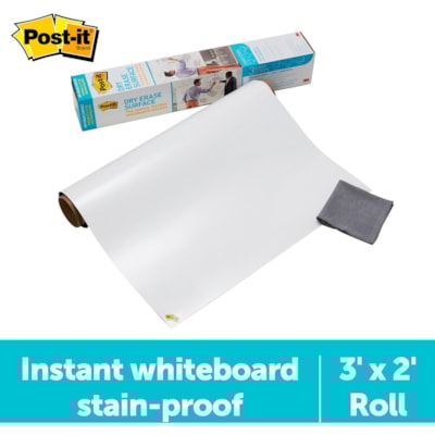 Post-it® - Rouleau effaçable à sec DEF3X2 - Surface Blanc - largeur de 24 po (609,60 mm) x longueur de 36 po (914,40 mm) - Film Blanc - Rectangle - Souple, Ant-tache, Autocollant - 1 / emballage DEF3X2-C  .609 M X .914 M 