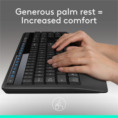 Logitech Wireless Combo MK345 - USB Wireless RF 2.40 GHz Keyboard - Black - USB Wireless RF Mouse - Optical - 1000 dpi - Scroll Wheel - Black - On/Off Switch Hot Key(s) - Right-handed - AAA, AA - Compatible with Computer for PC WIRELESS - 2.4 GHZ 