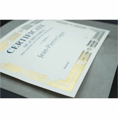 St. James® Linen Certificates with Foil - "Certificate of Achivement" - 8.50" (215.90 mm) Width x 11" (279.40 mm) Length - Laser, Inkjet Compatible - Ivory, Gold with Gold Border - Linen Paper - 15 / Pack  GOLD FOIL ON LINEN PAPER JAZZ STYLE - 15/PK