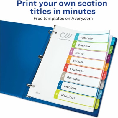 Avery® Ready Index® Customizable Table of Contents Dividersfor Laser and Inkjet Printers, 8 tabs, 1 set - 8 x Divider(s) - 8 Printed Tab(s) - Digit - 1-8 - 8 Tab(s)/Set - 8.50" (215.90 mm) Divider Width x 11" (279.40 mm) Divider Length - Letter - 8.50" (215.90 mm) Width x 11" (279.40 mm) Len 1-8 NUMBERED TABS  PAPER CONTEMPORARY MULTI COLOURS
