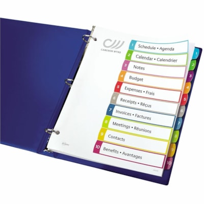 Avery® Ready Index® Customizable Table of Contents Dividersfor Laser and Inkjet Printers, 10 tabs, 1 set - 10 x Divider(s) - 1-10 - 10 Tab(s)/Set - 8.50" (215.90 mm) Divider Width x 11" (279.40 mm) Divider Length - 3 Hole Punched - White Paper Divider - Multicolor Paper Tab(s) - 20% Recycled 1-10 NUMBERED TABS  PAPER CONTEMPORARY MULTI COLOURS